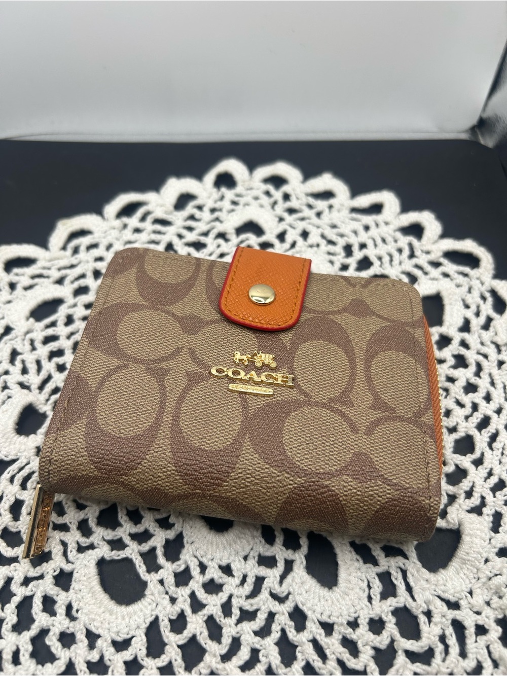 COACH Brown Signature Canvas Wallet with Orange Tab
